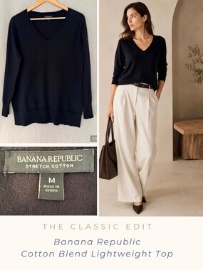 Banana Republic | Black V-Neck Knit Top | Banded Hem Cuffs | Stretch Staple